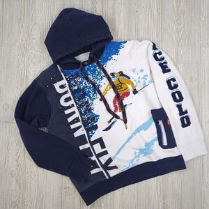 Born Fly Men’s Small Skiing Stay Fly Blue White AOP Hoodie Sweatshirt Streetwear